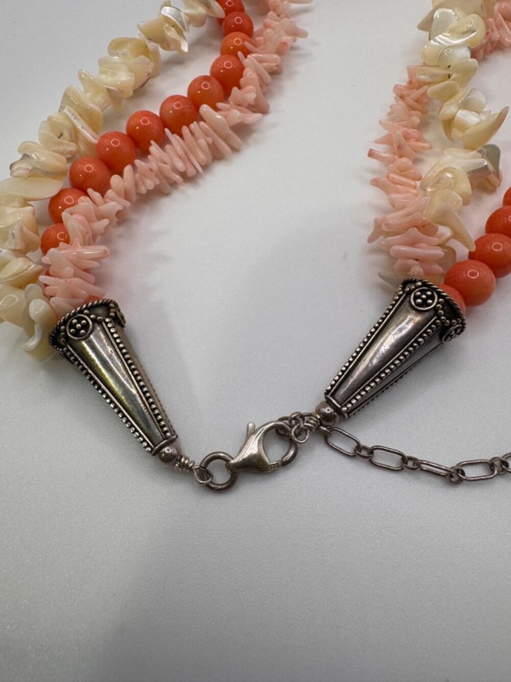 Vintage Coral Bead Multi Strand Necklace 925 Sterling MOP Shell Pendant Chunky - Picture 7 of 14